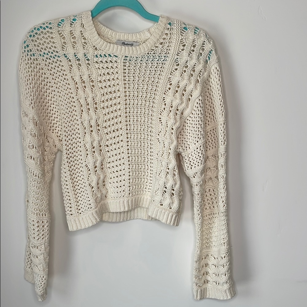 Madewell Cream Crew Neck Cropped Sweater with Intricate Knit